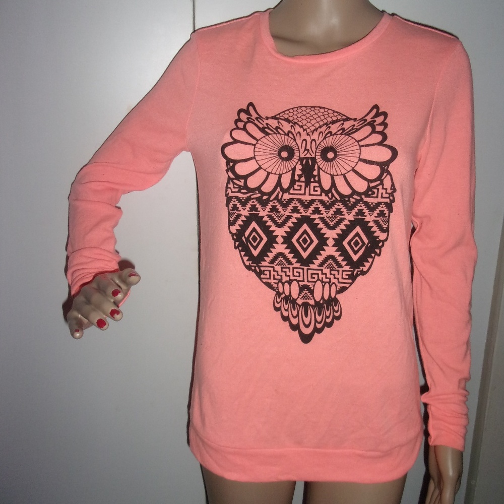 womens coral and black owl long sleeve t shirt top